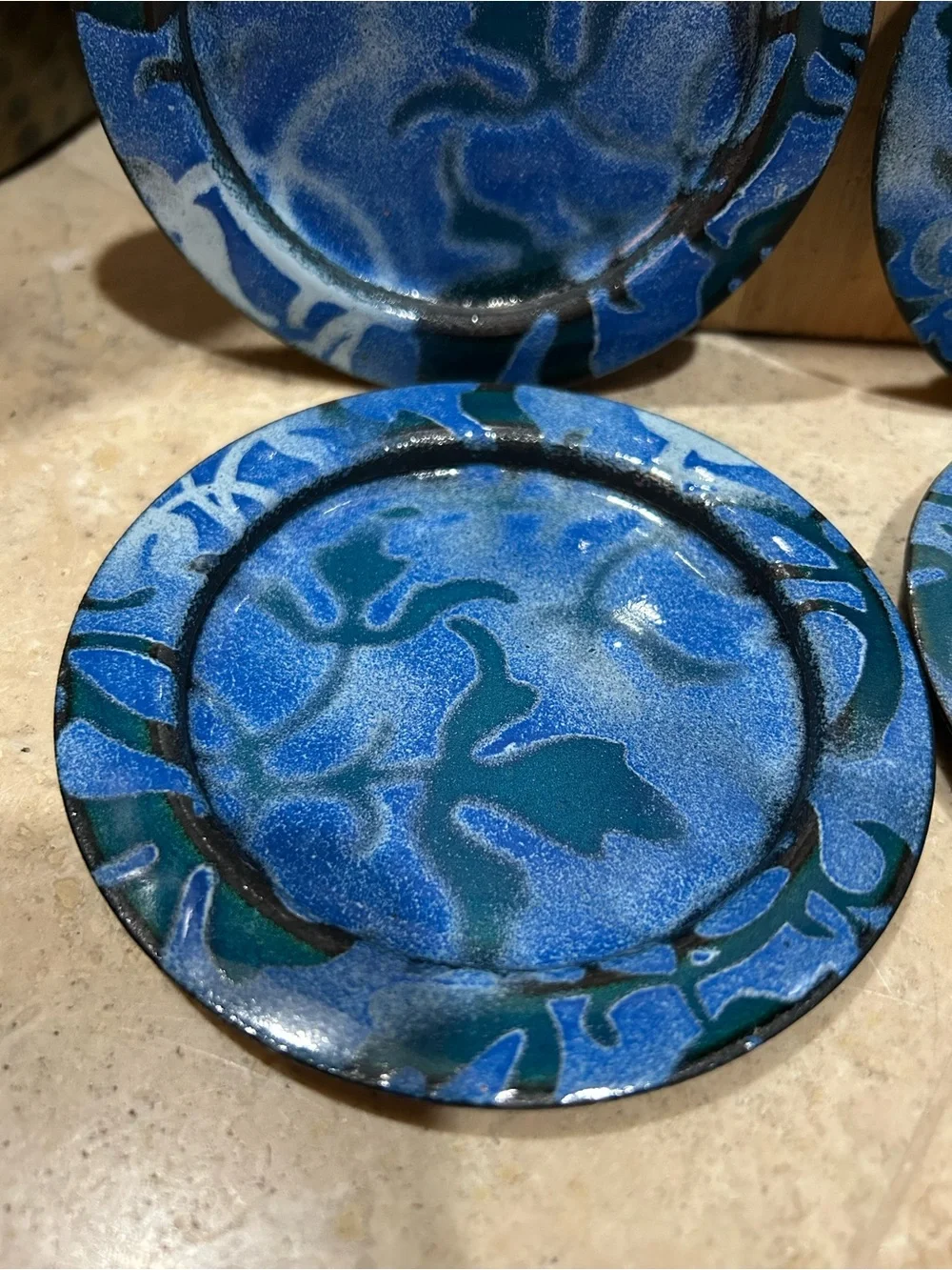 vintage handmade enamel on copper decorative Blue Drink Coaster Set of 4